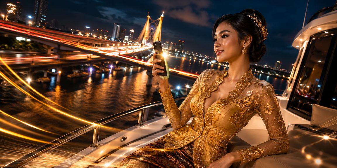 Wanita bermain kasino mobile di ponsel dengan tampilan modern