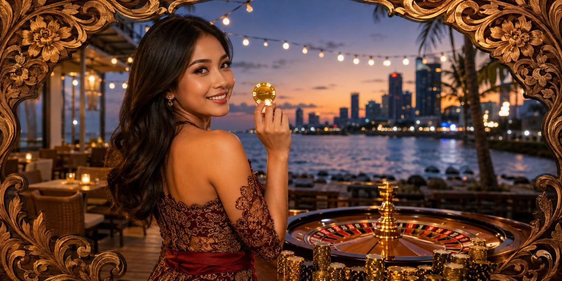 Suasana kasino modern dengan dealer dan pelanggan menikmati permainan roulette